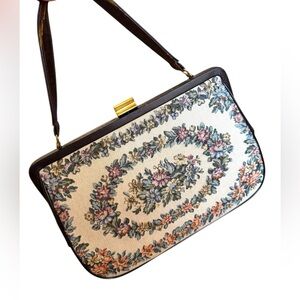 Vintage Floral Tapestry Shoulder Bag 1950s Lamarguise flower Multicolor